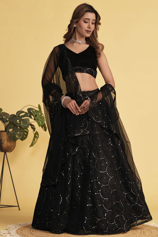 Georgette Fabric Black Color Gorgeous Look Sequins Work Lehenga