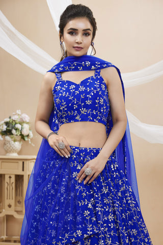 Blue Color Designer Embroidered Lehenga Choli In Georgette Fabric