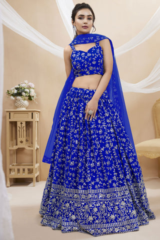 Blue Color Designer Embroidered Lehenga Choli In Georgette Fabric