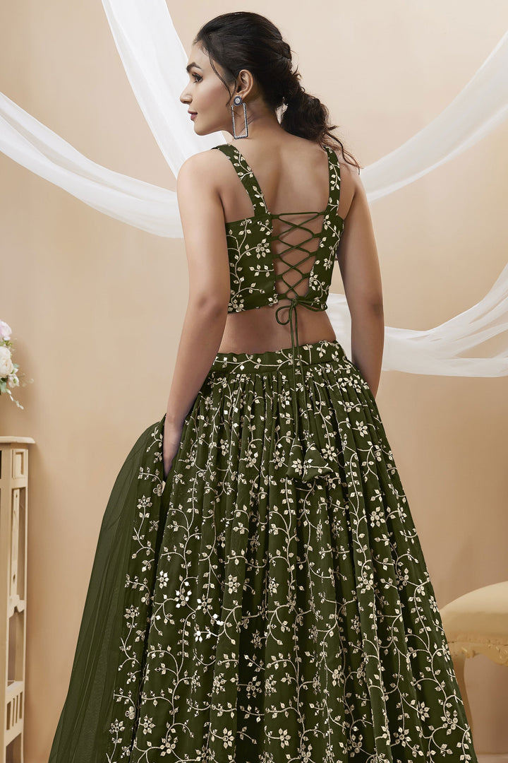 Georgette Fabric Sangeet Wear 3 Piece Lehenga Choli In Dark Green Color
