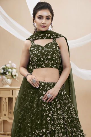 Georgette Fabric Sangeet Wear 3 Piece Lehenga Choli In Dark Green Color