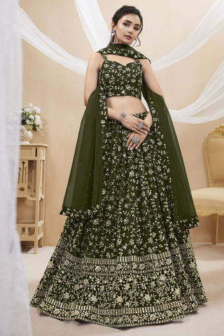 Georgette Fabric Sangeet Wear 3 Piece Lehenga Choli In Dark Green Color