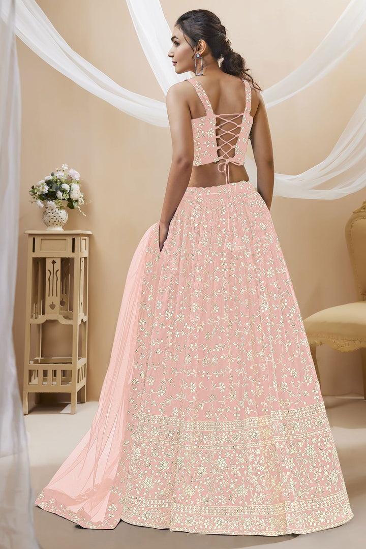 Peach Color Embroidered Georgette Lehenga Choli In Sangeet Function