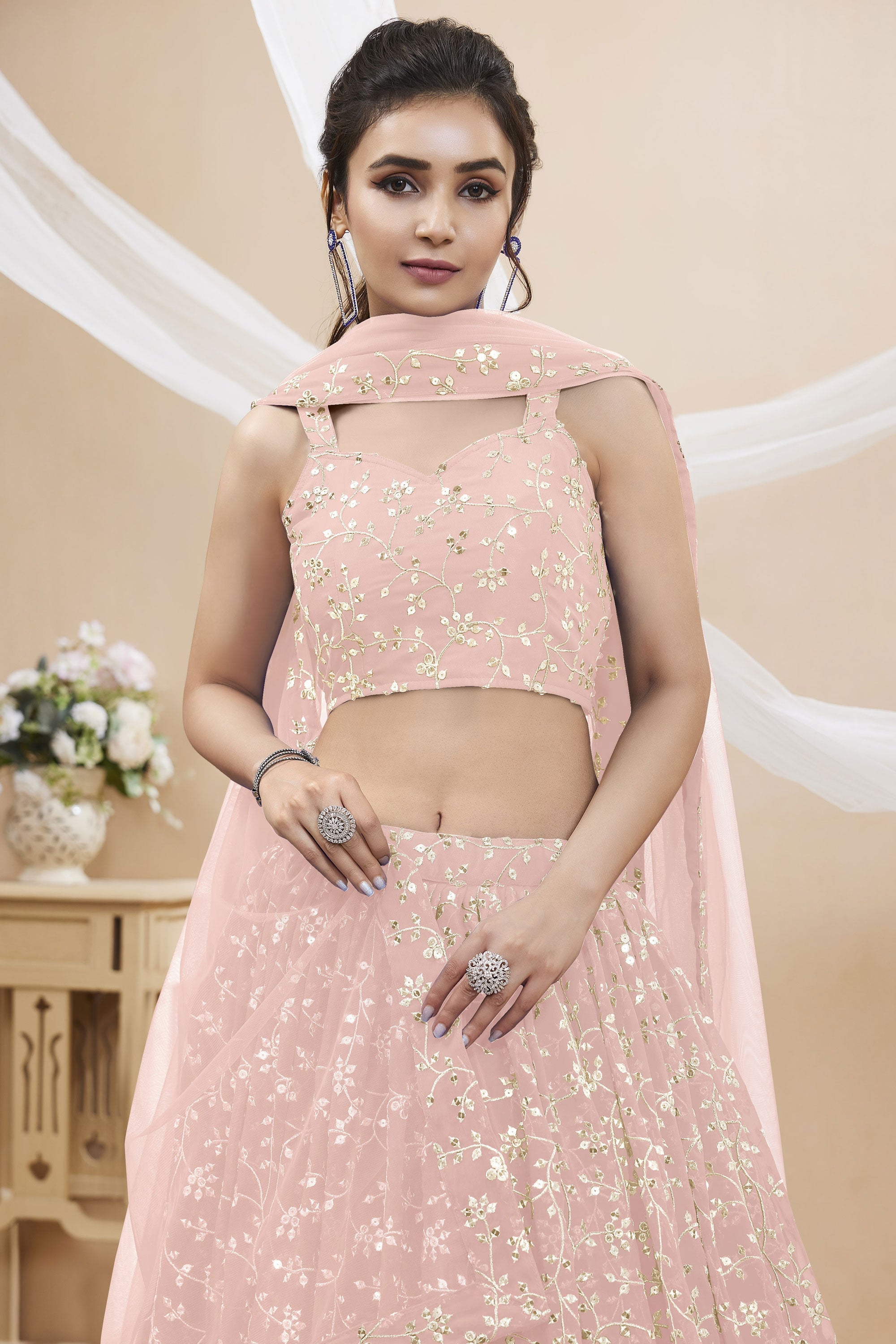 Peach Color Embroidered Georgette Lehenga Choli In Sangeet Function