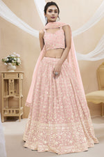 Load image into Gallery viewer, Peach Color Embroidered Georgette Lehenga Choli In Sangeet Function