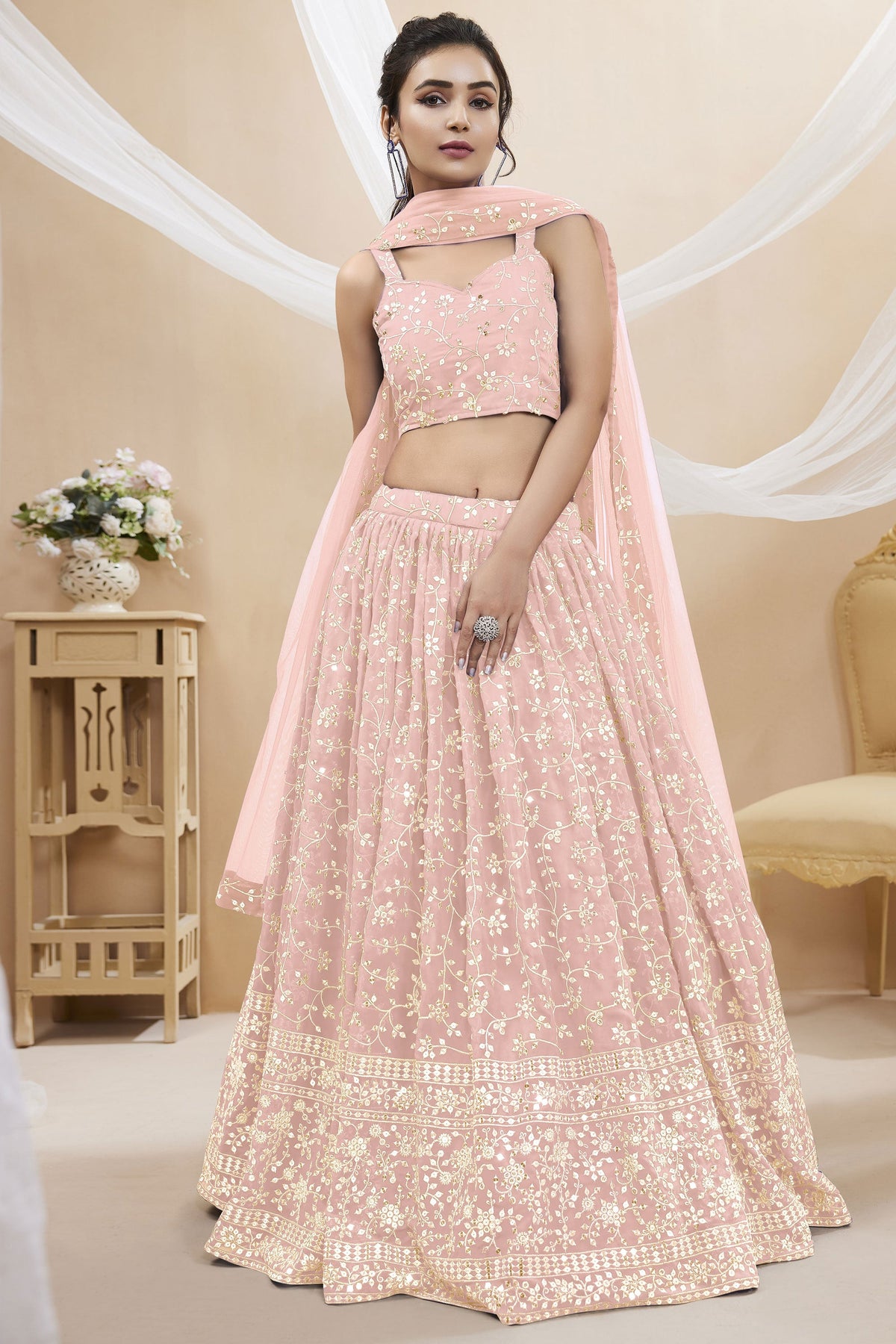 Peach Color Embroidered Georgette Lehenga Choli In Sangeet Function