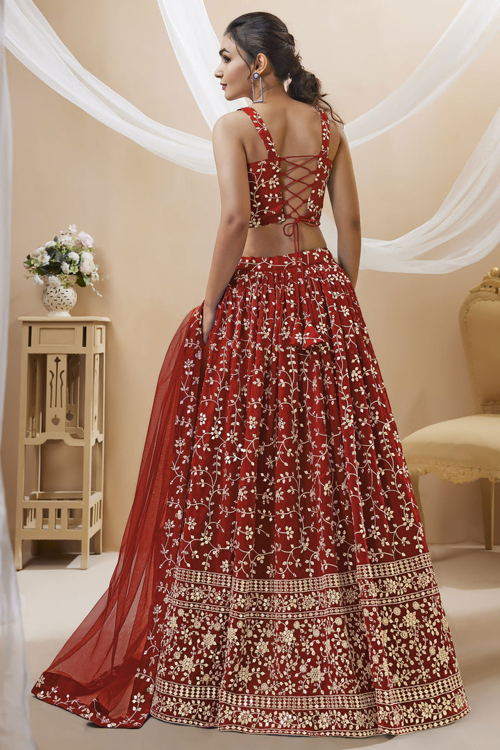 Georgette Fabric Red Color Sangeet Function Embroidered 3 Piece Lehenga Choli