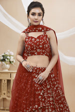 Load image into Gallery viewer, Georgette Fabric Red Color Sangeet Function Embroidered 3 Piece Lehenga Choli