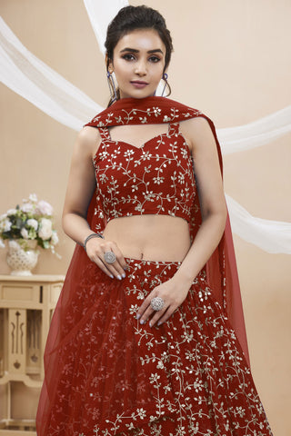 Georgette Fabric Red Color Sangeet Function Embroidered 3 Piece Lehenga Choli