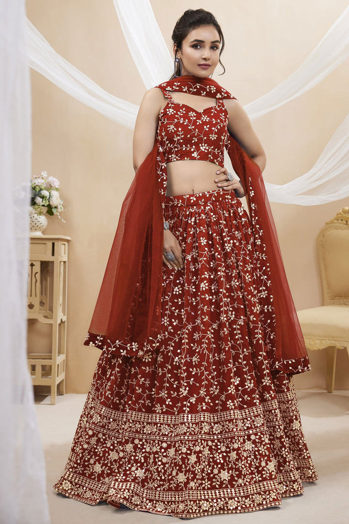 Georgette Fabric Red Color Sangeet Function Embroidered 3 Piece Lehenga Choli