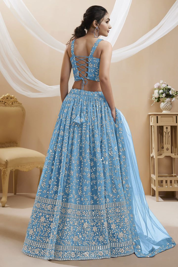 Sky Blue Color Embroidered Beautiful Lehenga Choli In Georgette Fabric