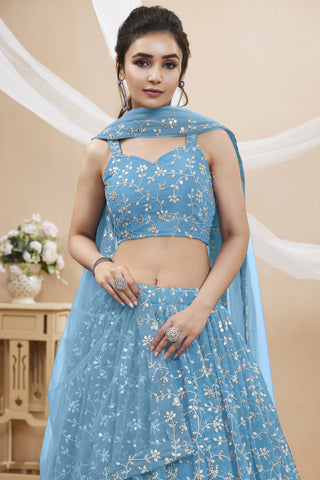 Sky Blue Color Embroidered Beautiful Lehenga Choli In Georgette Fabric