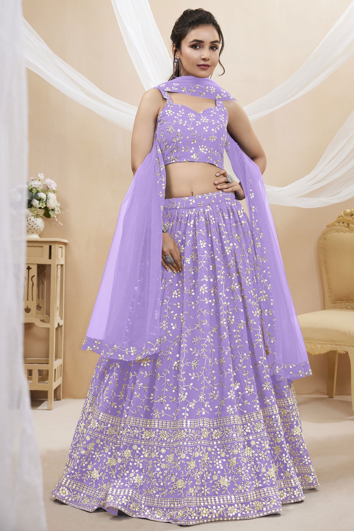 Radiant Lavender Color Embroidered Lehenga Choli In Georgette Fabric