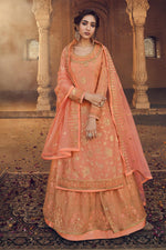 Load image into Gallery viewer, Peach Color Embroidery Work Designer Wedding Wear Jacquard Fabric Sharara Top Lehenga
