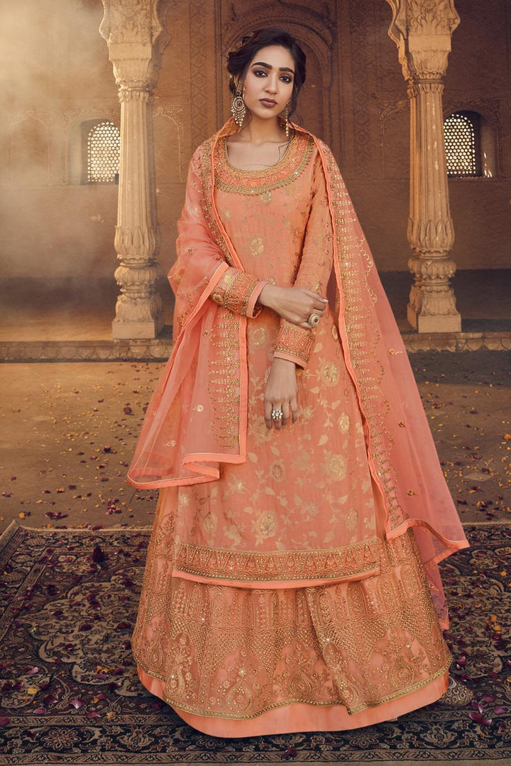 Peach Color Embroidery Work Designer Wedding Wear Jacquard Fabric Sharara Top Lehenga