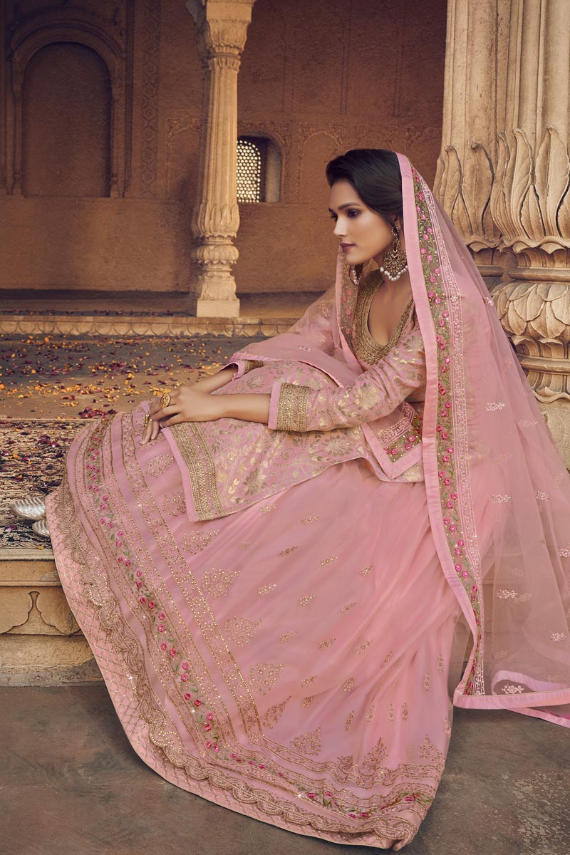 Embroidery Work Sangeet Wear Stylish Sharara Top Lehenga In Pink Color Jacquard Fabric