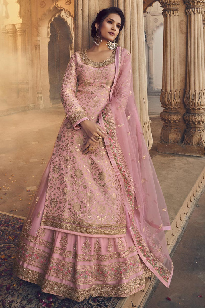 Embroidery Work Sangeet Wear Stylish Sharara Top Lehenga In Pink Color Jacquard Fabric