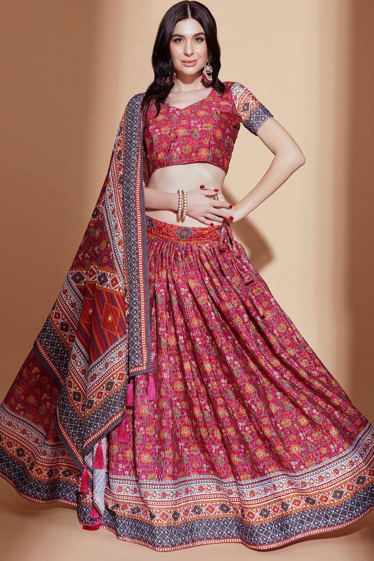 Digital Print Occasion Wear Lehenga Choli In Rani Chinon Fabric