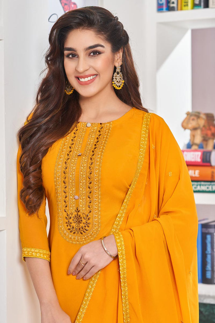 Mustard Color Georgette Fabric Festive Wear Embroidered Salwar Suit