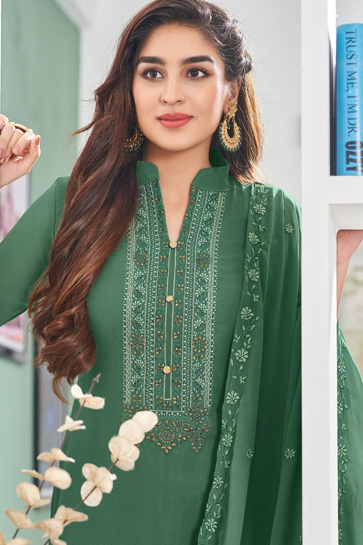 Georgette Fabric Embroidered Dark Green Color Designer Salwar Suit