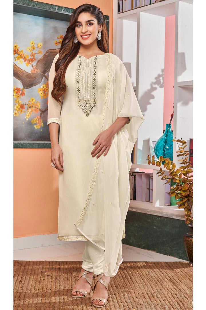 Function Wear Embroidered Off White Color Designer Salwar Suit