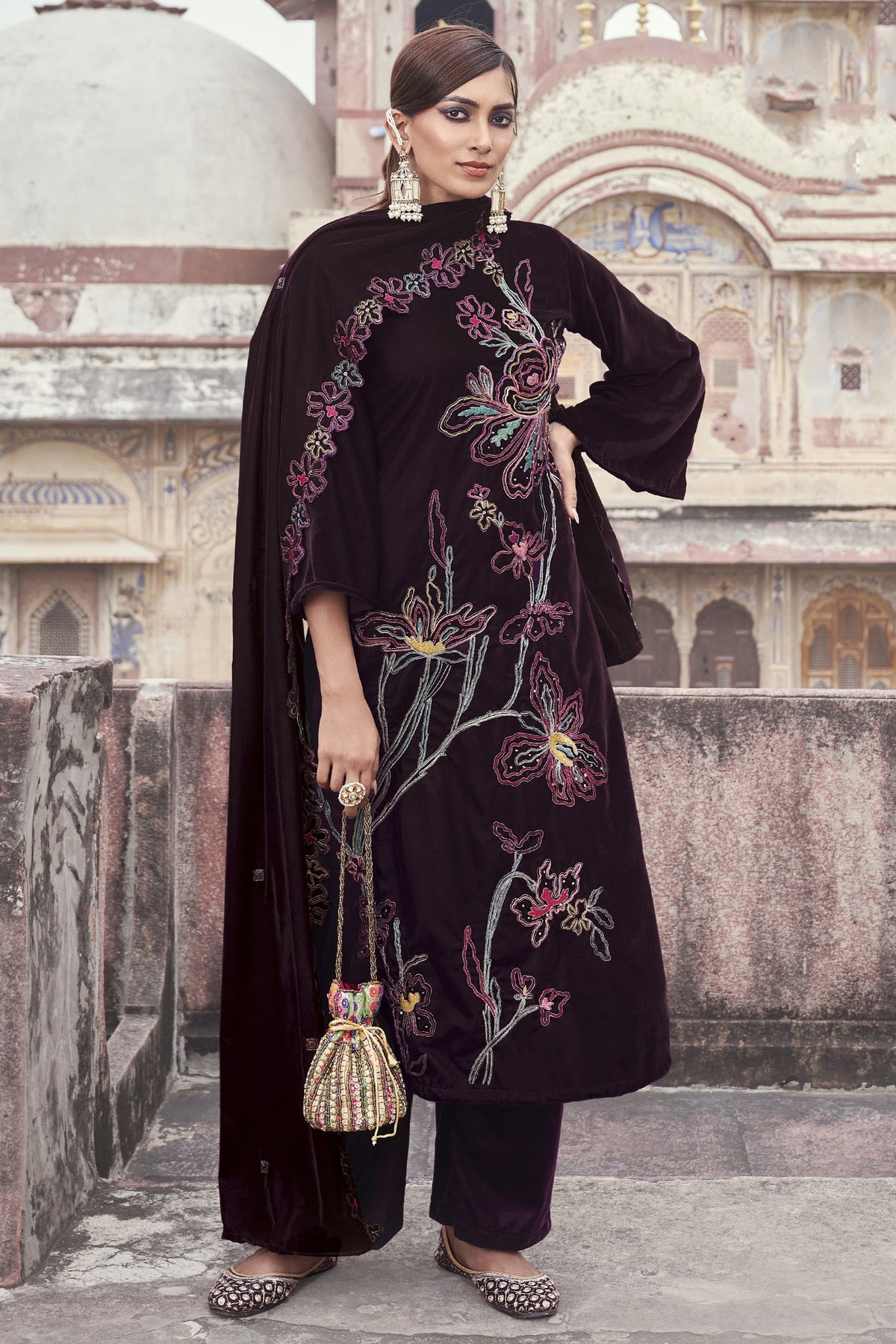 Purple Color Function Wear Heavy Embroidered Designer Long Straight Cut Salwar Suit In Velvet Fabric