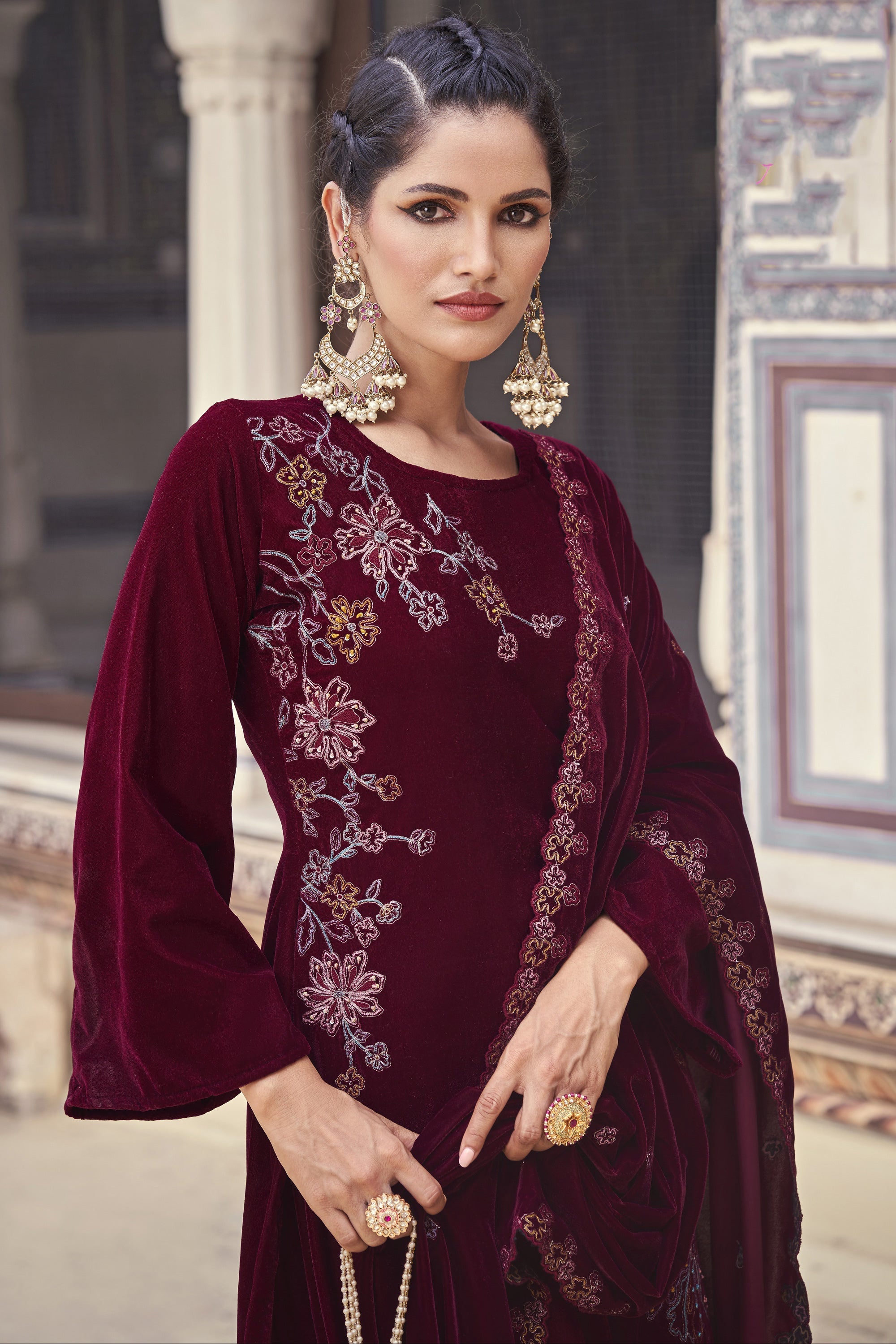 Velvet Fabric Fancy Heavy Embroidered Function Wear Designer Long Straight Cut Salwar Kameez In Maroon Color