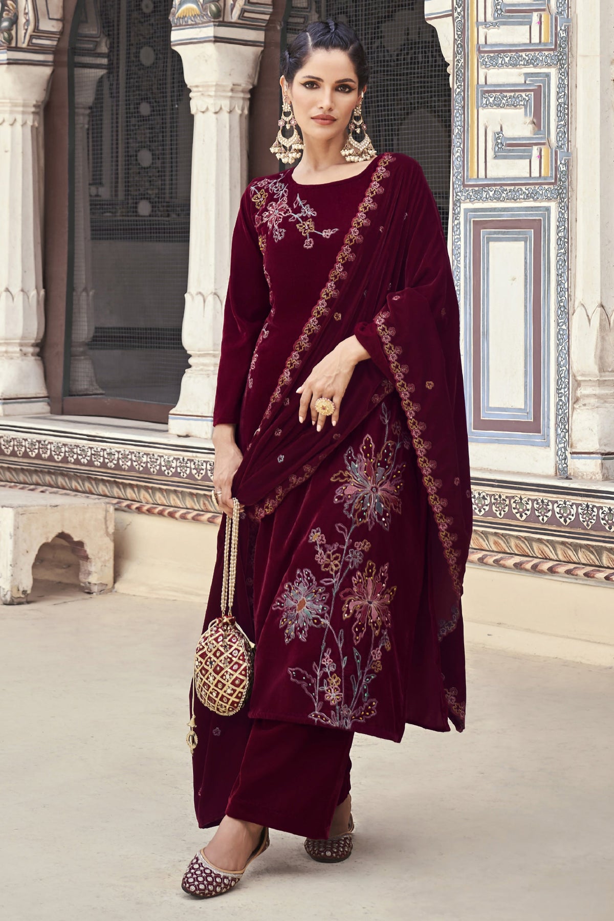 Velvet Fabric Fancy Heavy Embroidered Function Wear Designer Long Straight Cut Salwar Kameez In Maroon Color