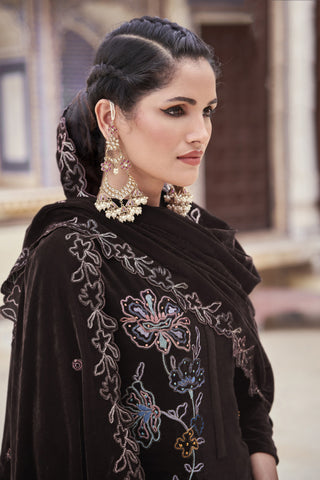 Function Wear Brown Color Heavy Embroidered Designer Long Straight Cut Suit In Velvet Fabric