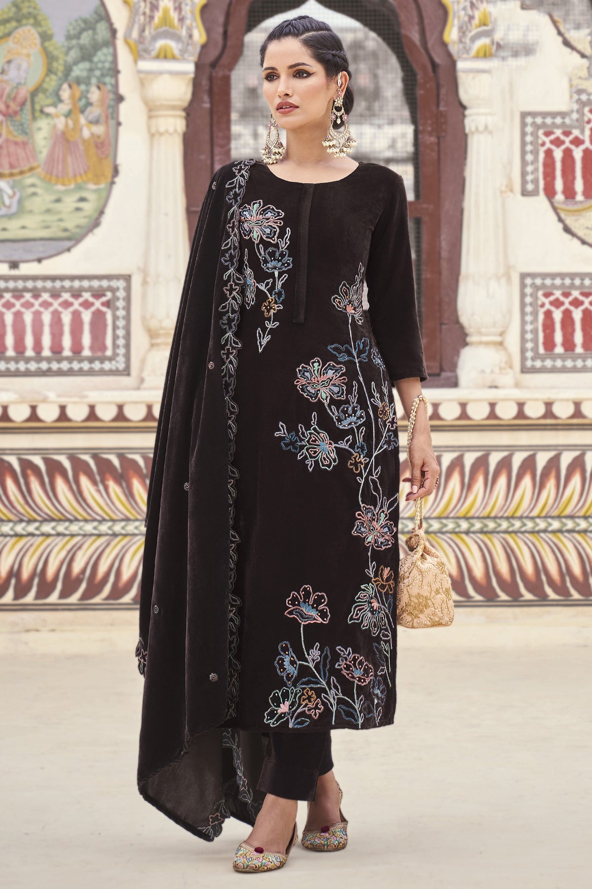 Function Wear Brown Color Heavy Embroidered Designer Long Straight Cut Suit In Velvet Fabric