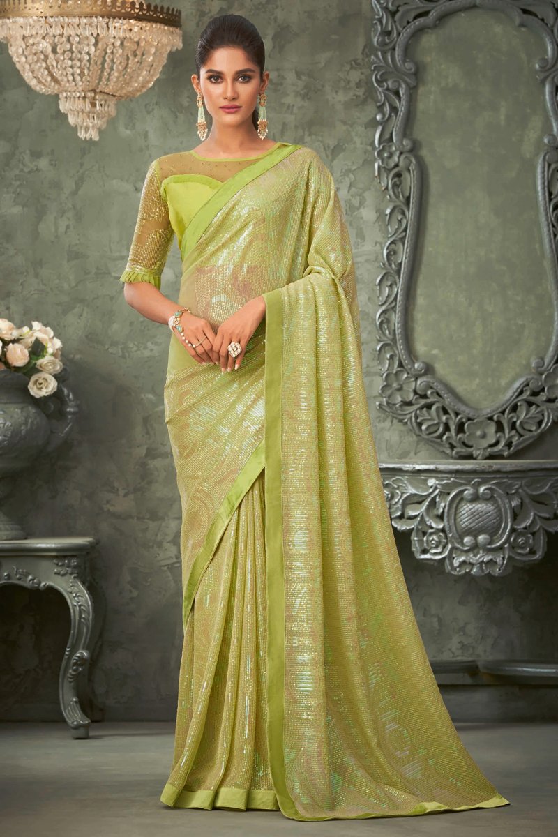 Party Wear Georgette Fabric Sequins Work Saree In Green Color