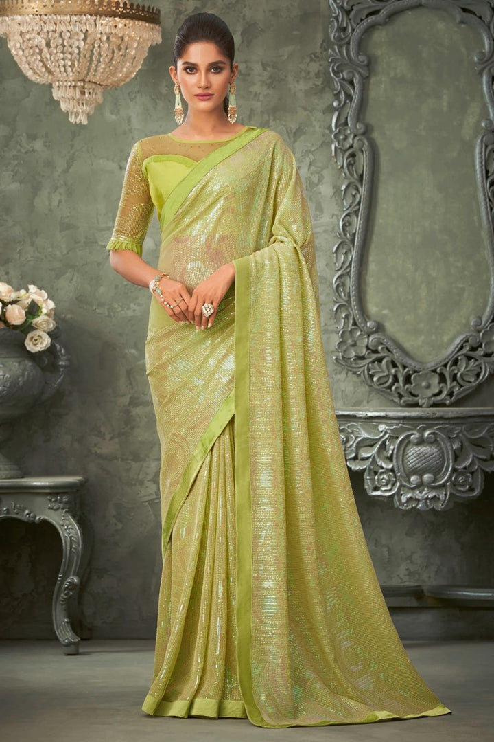 Party Wear Georgette Fabric Sequins Work Saree In Green Color
