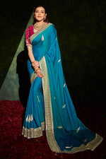 Load image into Gallery viewer, Kajal Aggarwal Attractive Embroidered Sky Blue Function Wear Saree
