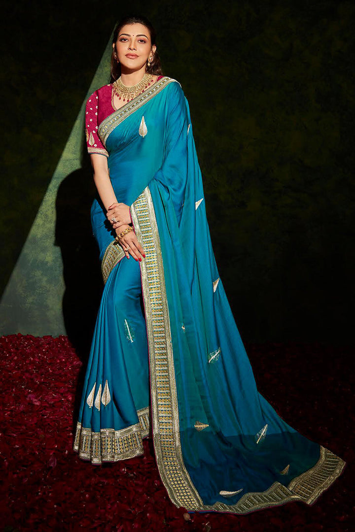 Kajal Aggarwal Attractive Embroidered Sky Blue Function Wear Saree