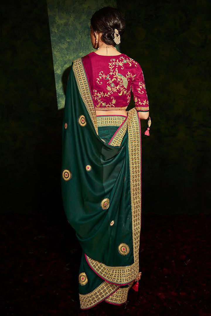 Dark Green Color Art Silk Fabric Fancy Embroidered Function Wear Saree