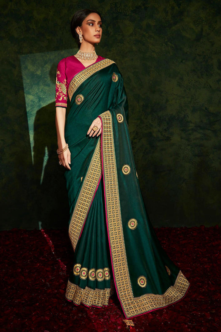 Dark Green Color Art Silk Fabric Fancy Embroidered Function Wear Saree