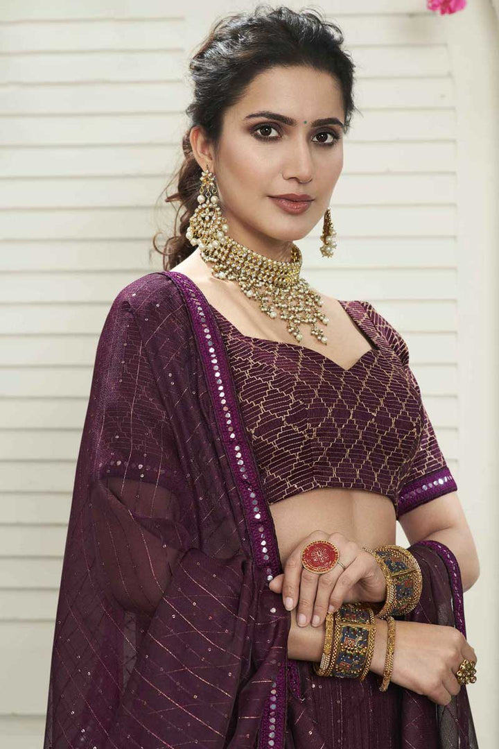Purple Color Charming Organza Fabric Sangeet Wear Lehenga With Sequins Work