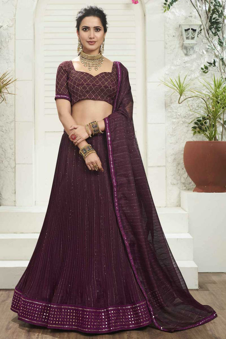 Purple Color Charming Organza Fabric Sangeet Wear Lehenga With Sequins Work