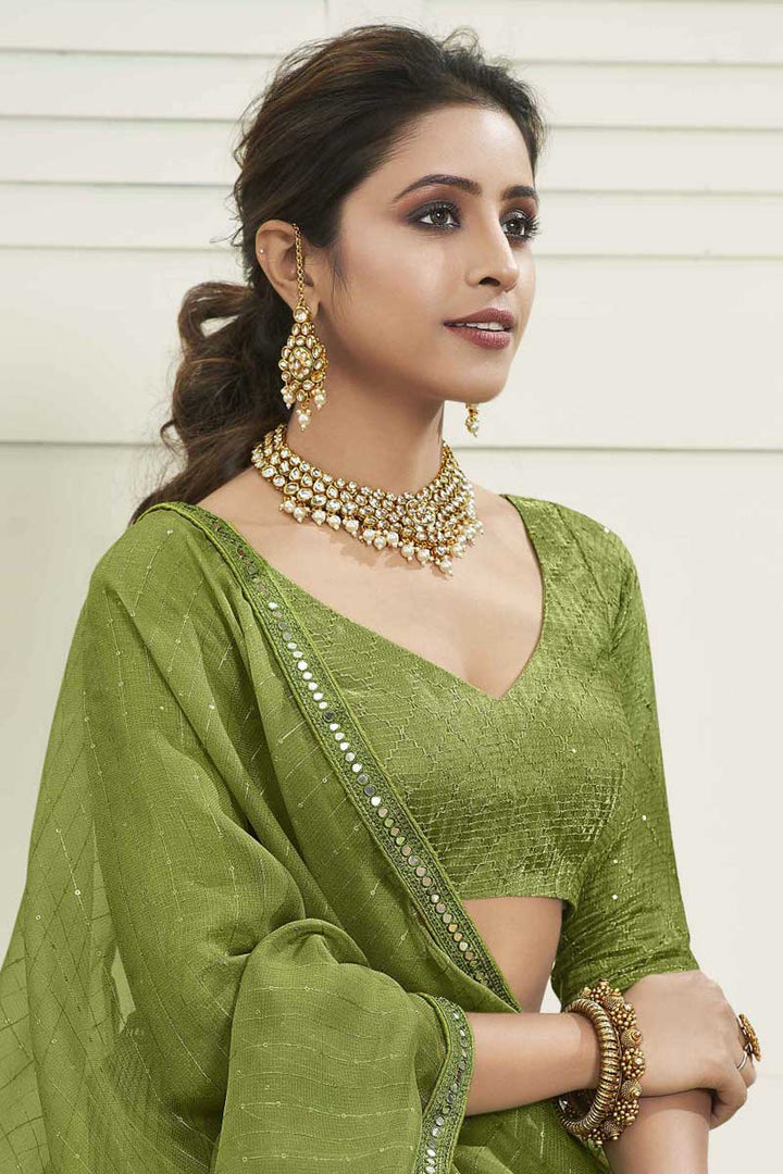 Beautiful Green Color Organza Fabric Sangeet Wear Lehenga With Sequins Work