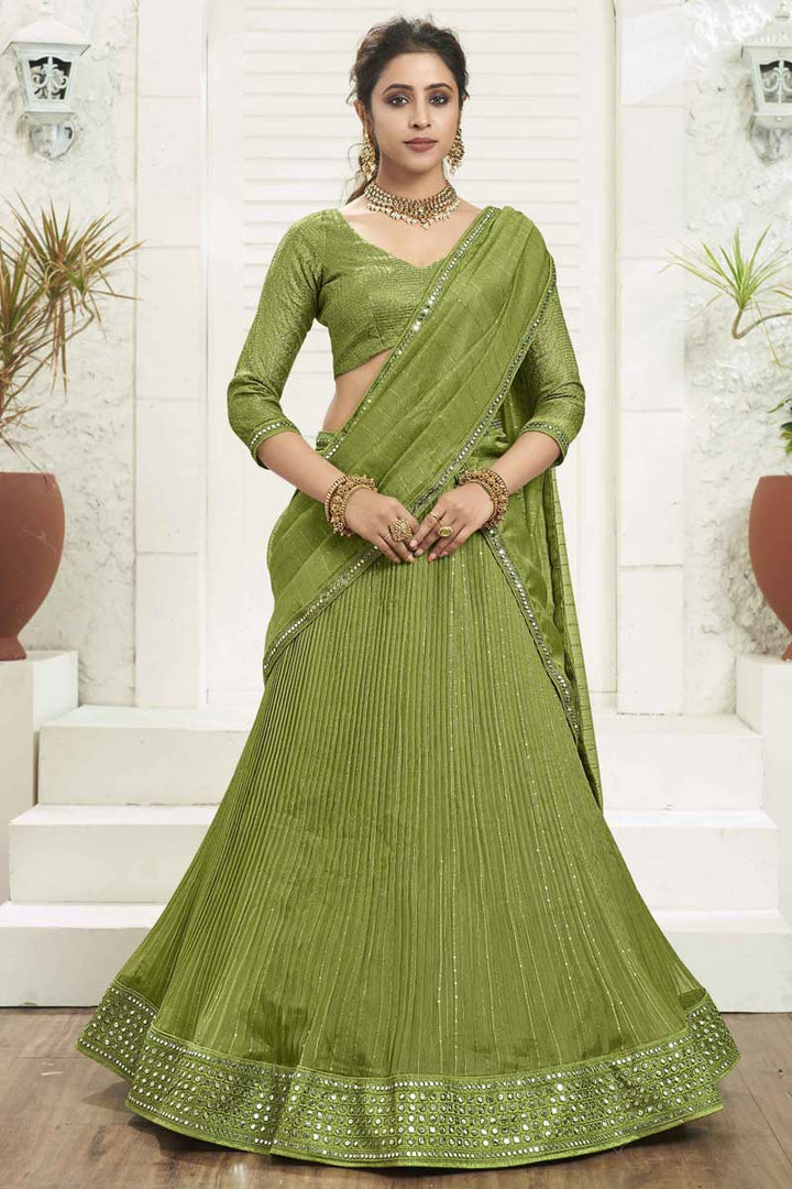 Beautiful Green Color Organza Fabric Sangeet Wear Lehenga With Sequins Work