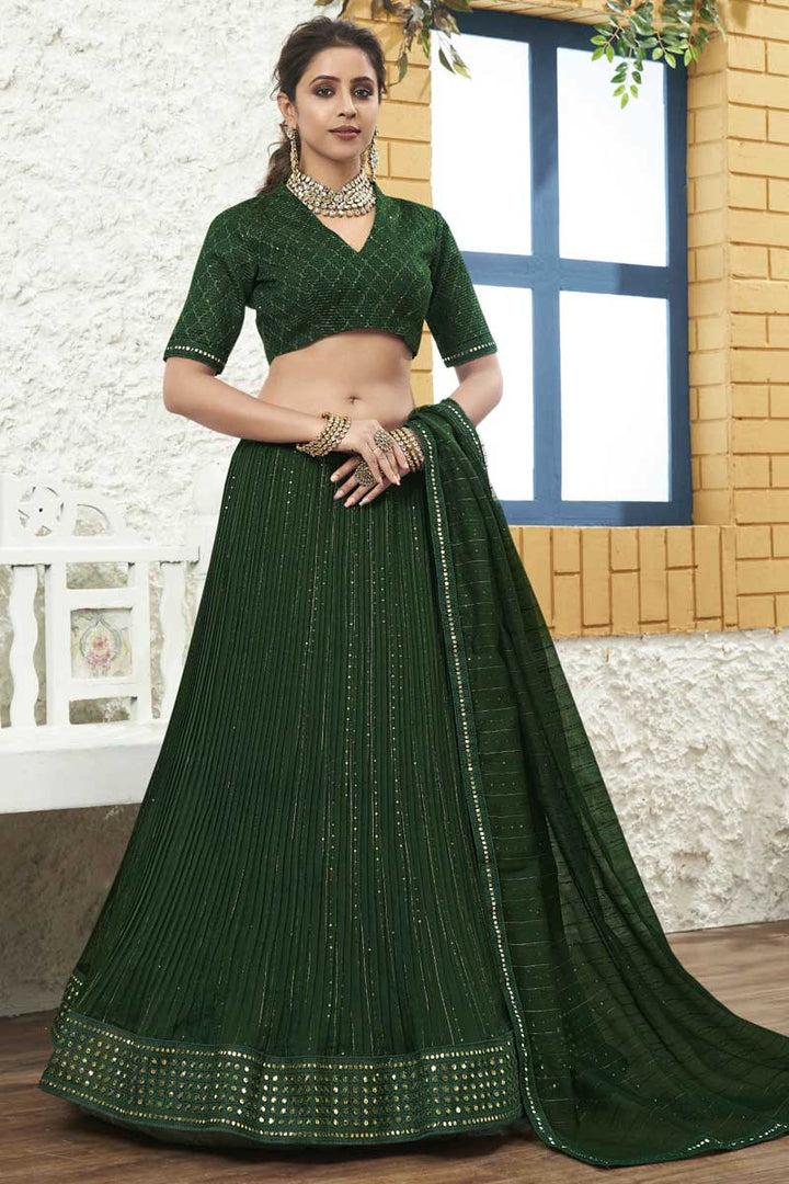 Organza Fabric Designer Dark Green Color Sangeet Wear Lehenga With Sequins Work