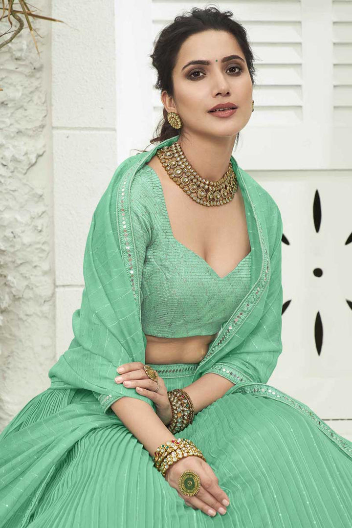 Bright Sea Green Color Organza Fabric Sangeet Wear Lehenga With Sequins Work