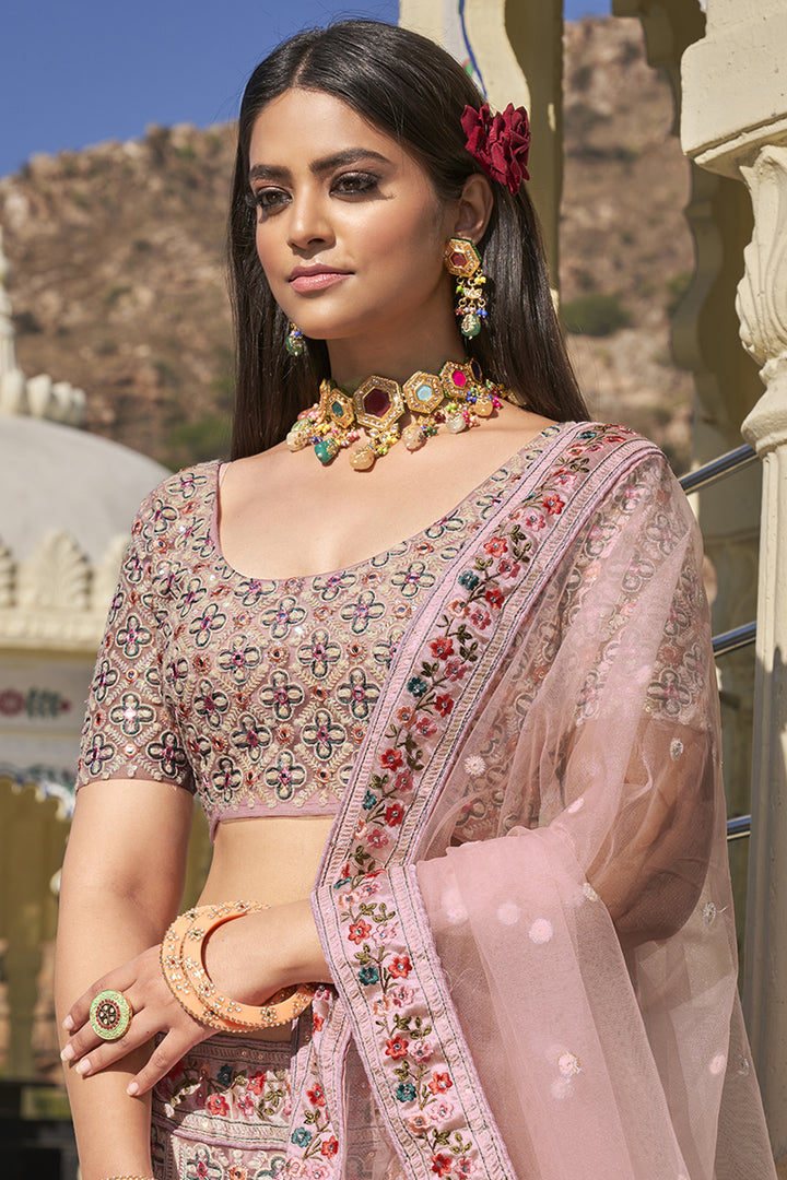 Beautiful Pink Color Net Fabric Embroidered Wedding Wear Lehenga Choli