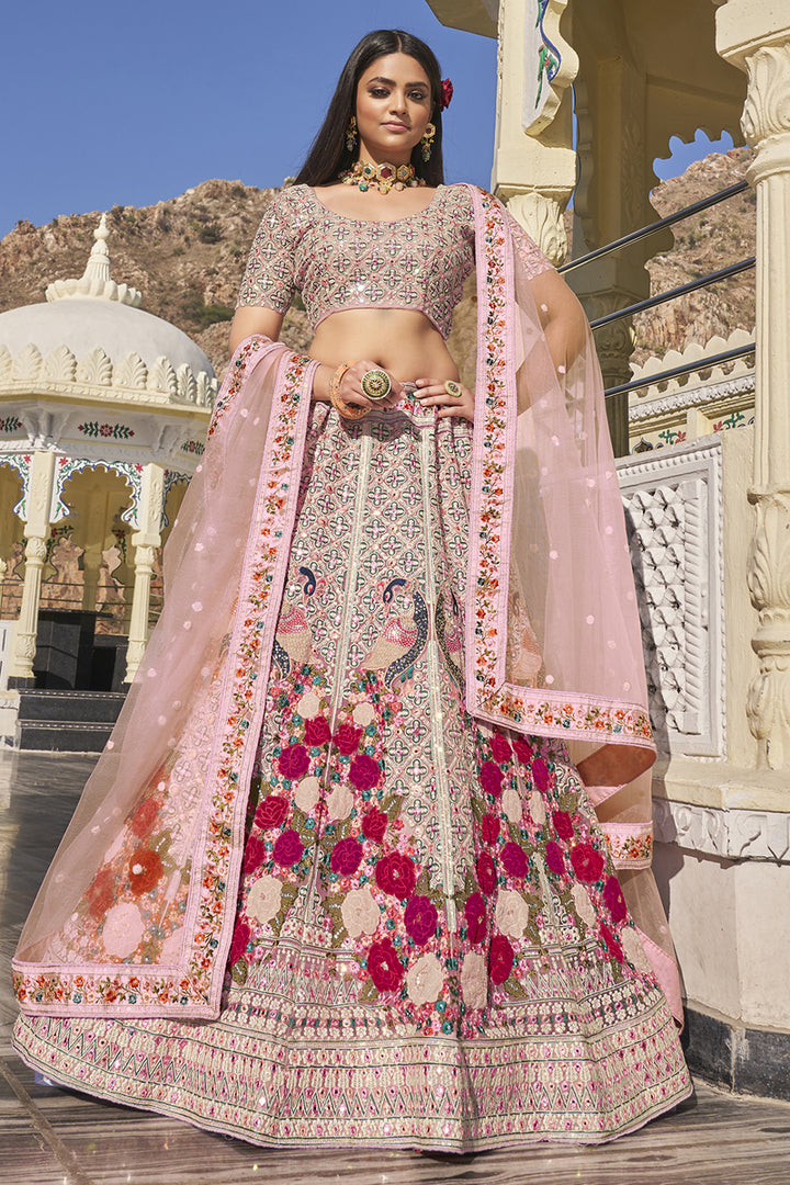 Beautiful Pink Color Net Fabric Embroidered Wedding Wear Lehenga Choli