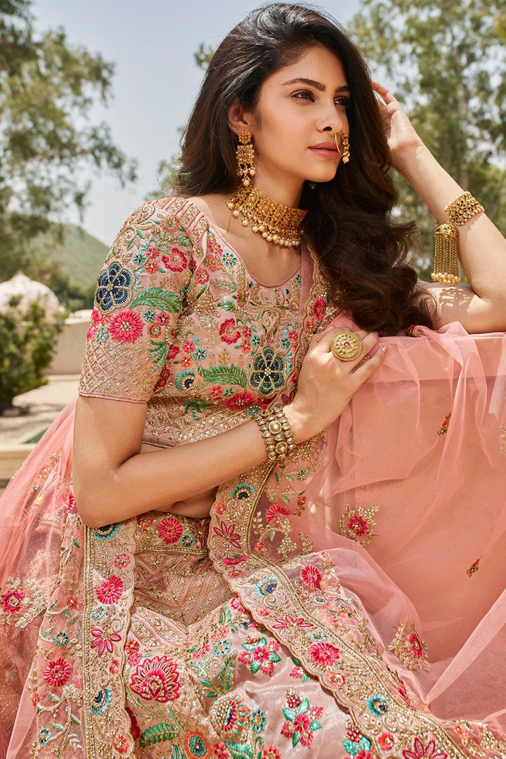 Peach Color Wedding Wear Silk Fabric Embroidered Lehenga Choli