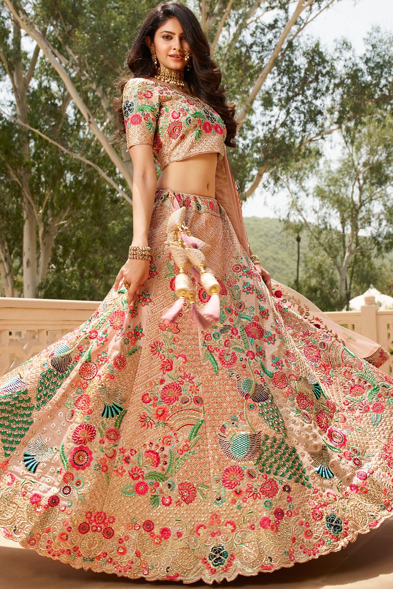 Peach Color Wedding Wear Silk Fabric Embroidered Lehenga Choli