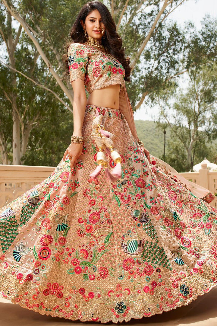 Peach Color Wedding Wear Silk Fabric Embroidered Lehenga Choli
