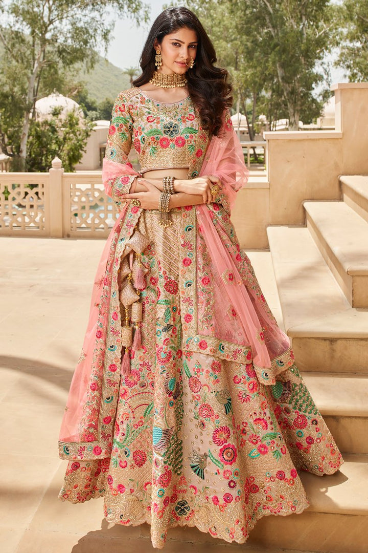 Peach Color Wedding Wear Silk Fabric Embroidered Lehenga Choli