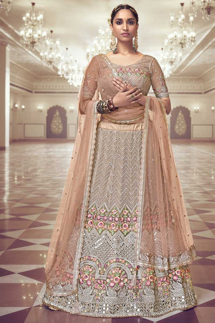 Sangeet Wear Designer Chikoo Color Lehenga Choli In Net Fabric
