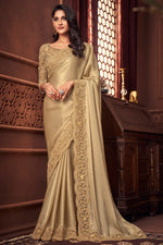 Load image into Gallery viewer, Cream Color Function Wear Designer Satin Fabric Embroidered Saree
